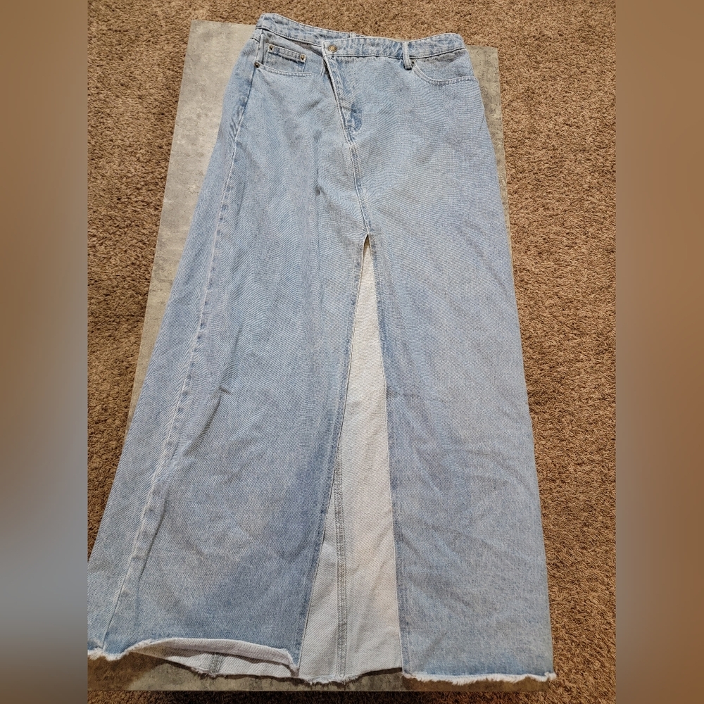 Dressed in LALA NWT Denim Maxi Skirt Light Wash Front Slit Asymmetric Waist - Picture 2 of 8